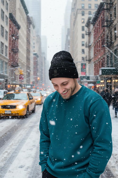 Snowy NYC Street Beanie Mockup